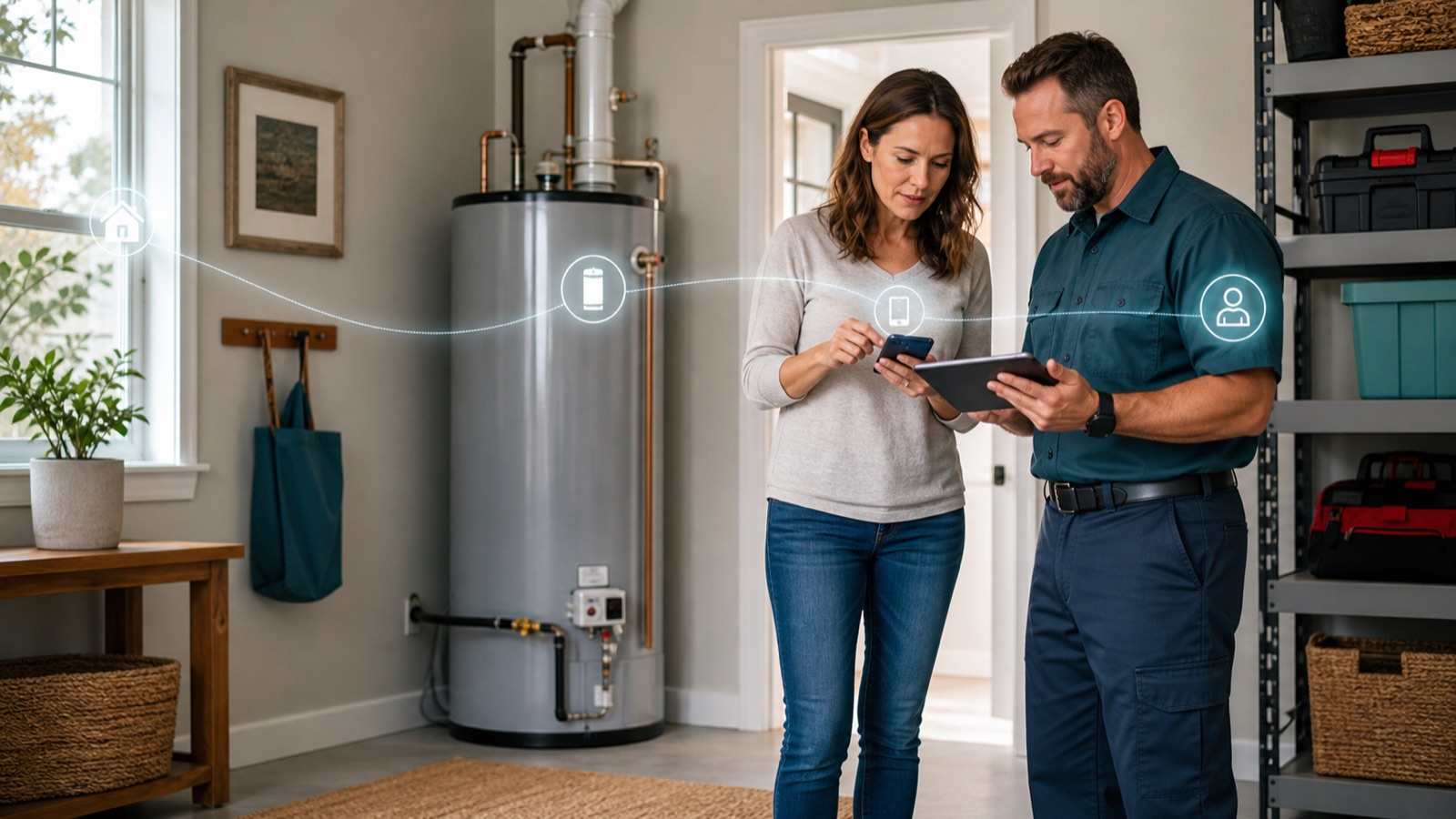 Homeowner and plumber using connected digital tools beside a residential water heater