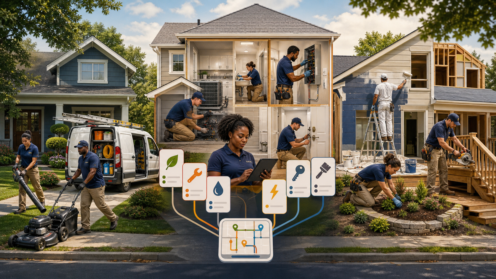 Home-service professionals connecting route maintenance, household repairs, and renovation through an organized service system