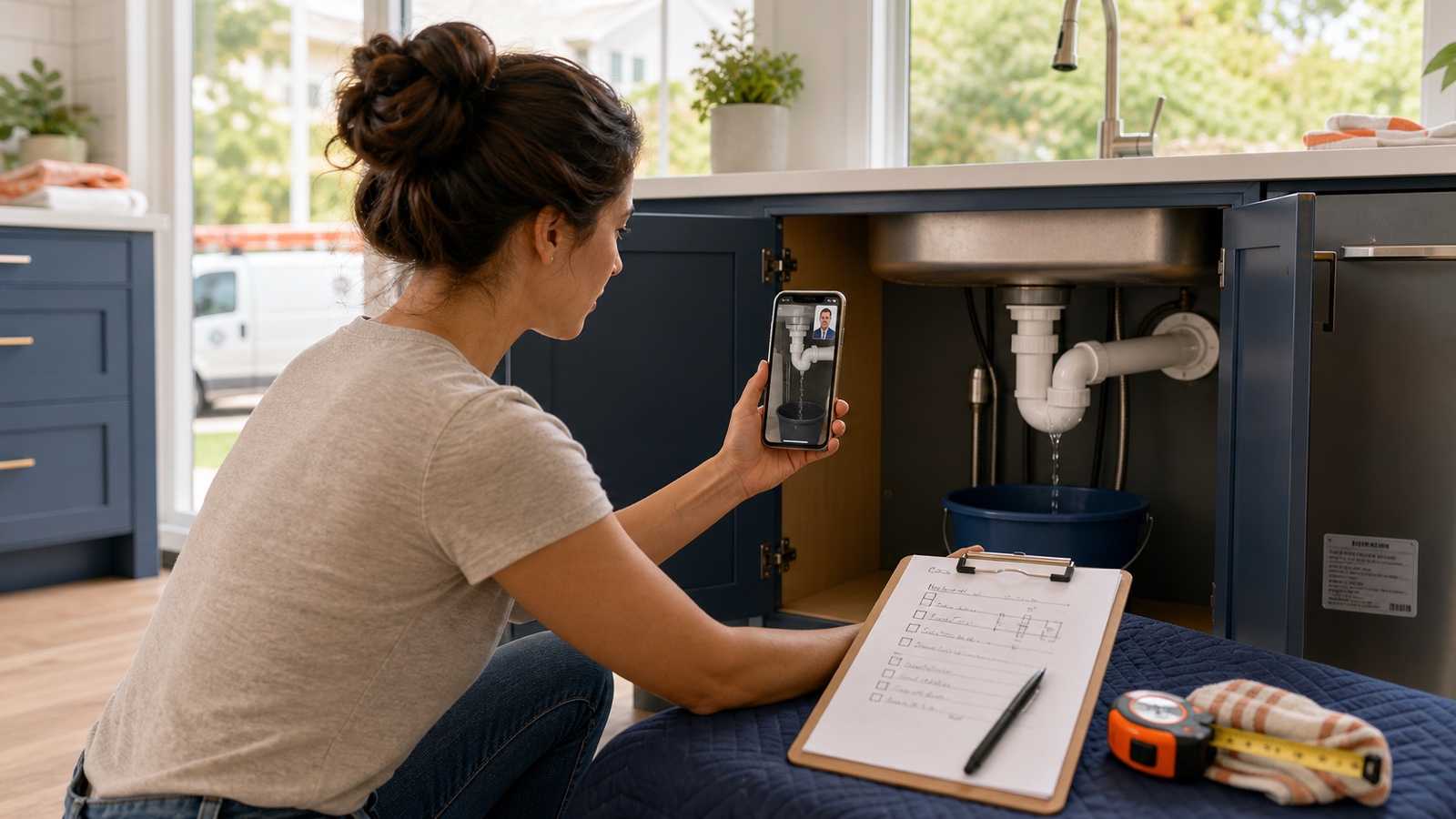 Homeowner photographing a leaking sink while preparing measurements and a checklist for a local plumber