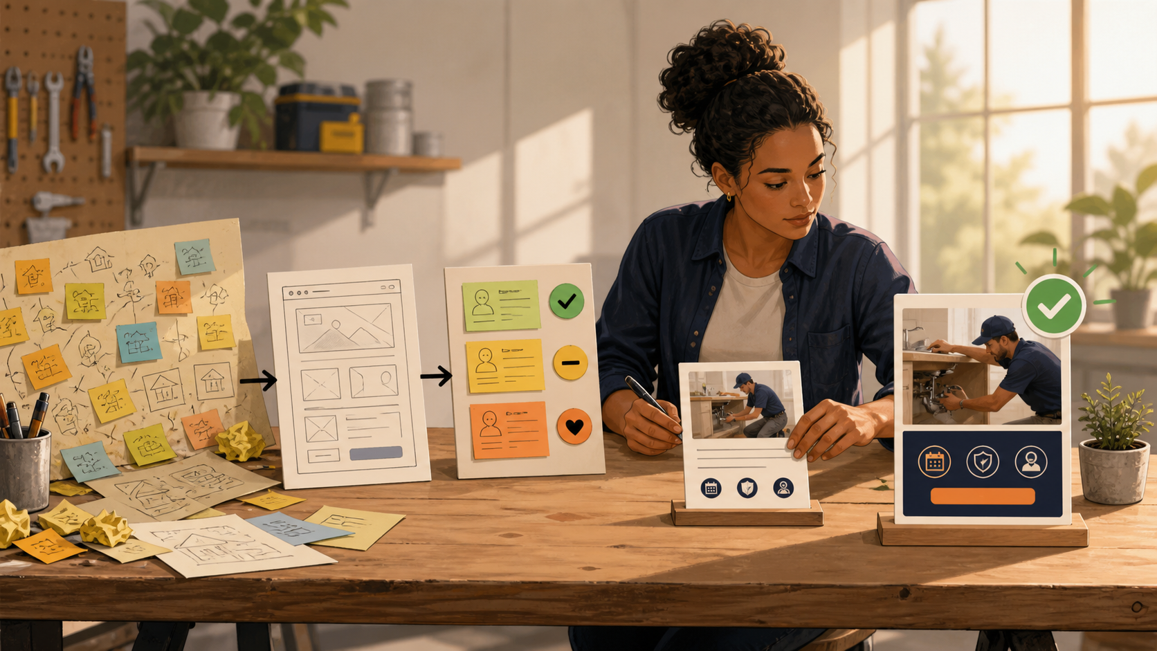 Founder mapping a startup idea into customer problems, service offers, and a practical launch plan