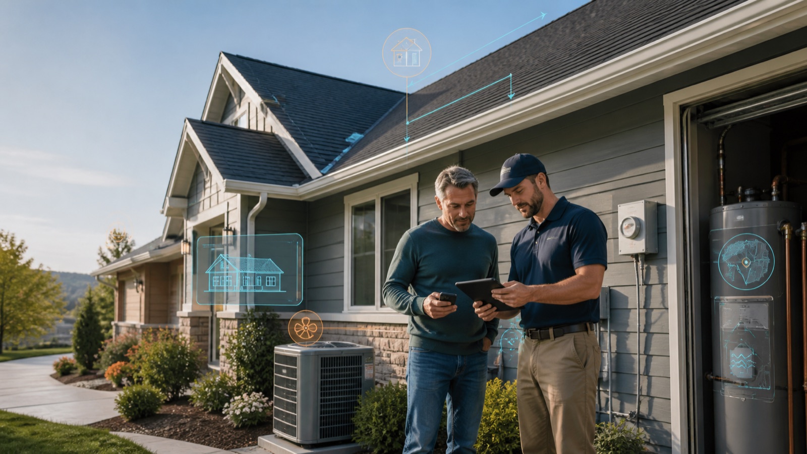 Homeowner and service professional reviewing property and equipment context outside a house