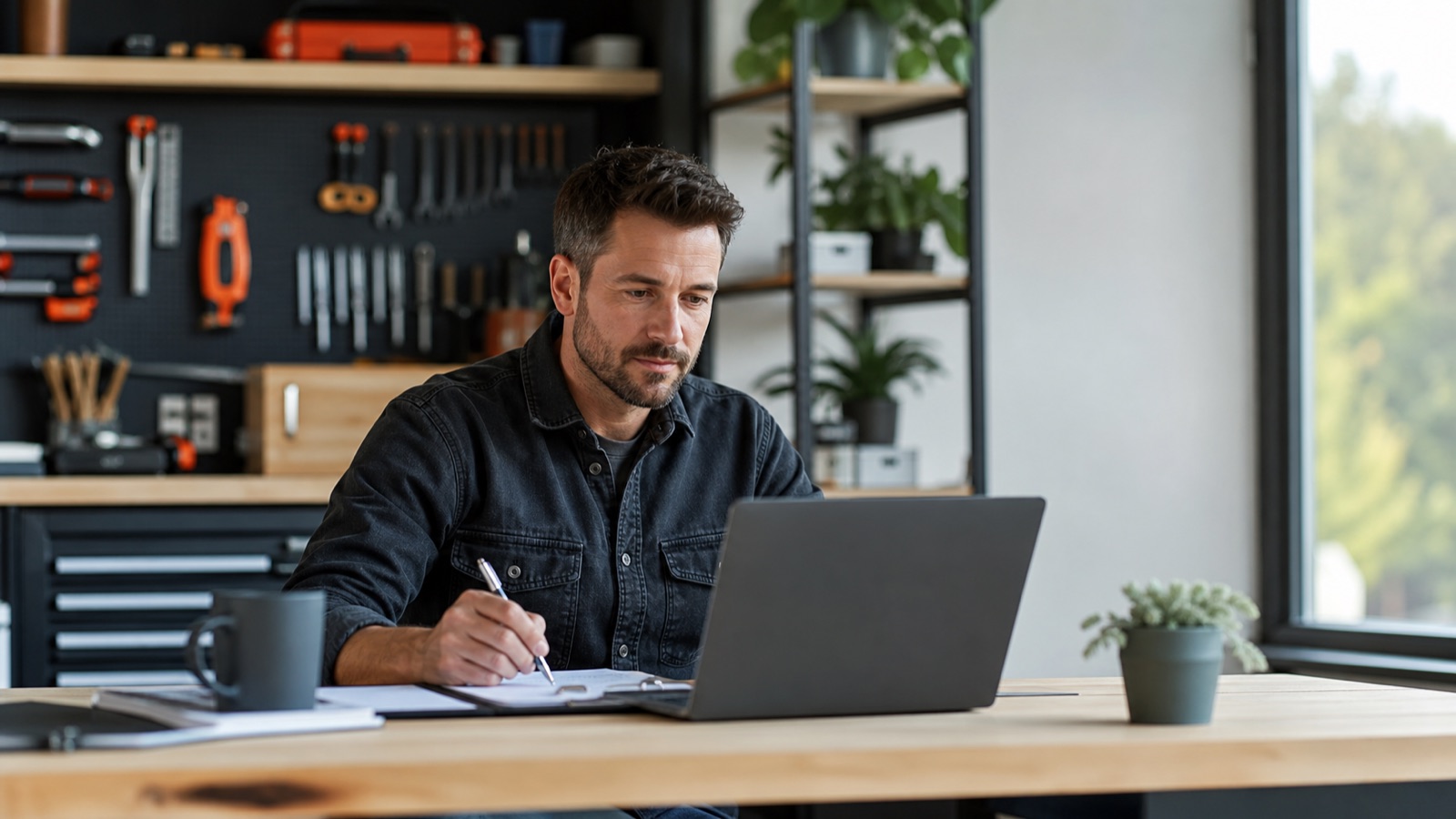 Home-service professional reviewing a structured customer request before scheduling